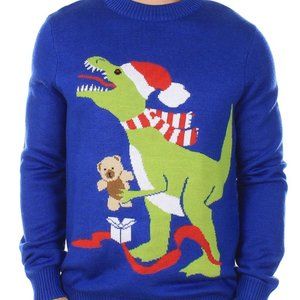 Tipsy Elves Sweater Mens Medium Blue Ugly Christmas Dinosaur T-Rex Teddy Bear